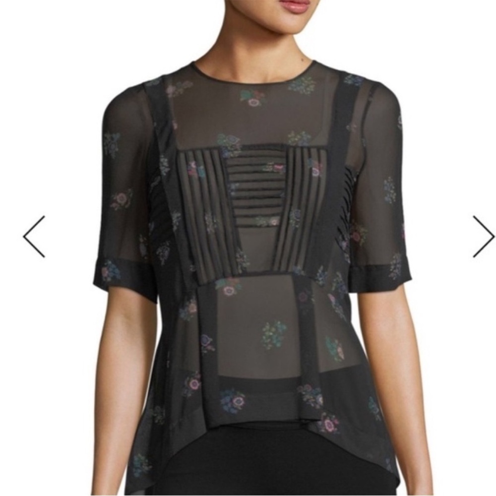 Veronica Beard Braden Papyrus Silk Peplum Top Pintuck Sheer Chiffon Shirt Sz 2